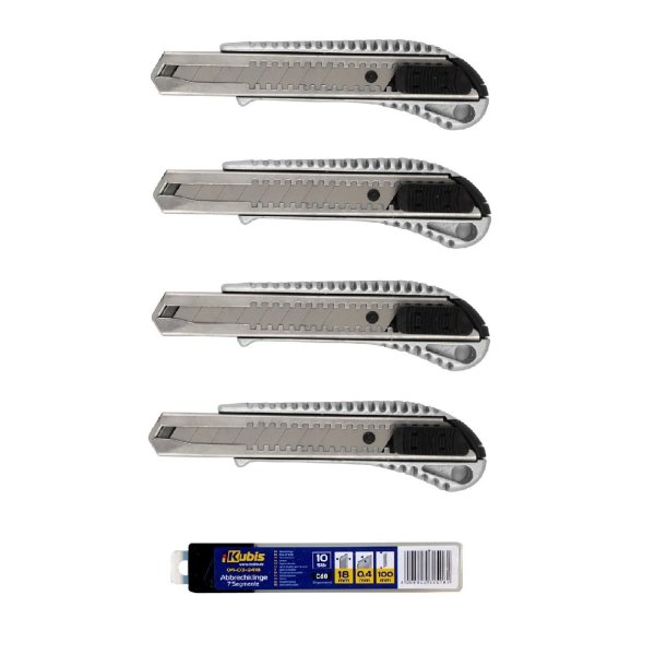 Schneidemesser / Cutter 18 mm Metallgehäuse 4 Stück + Abbrechklinge / Cutterklinge 18 * 100 * 0.4 mm, C60, 7 Segmente, 10 Stück