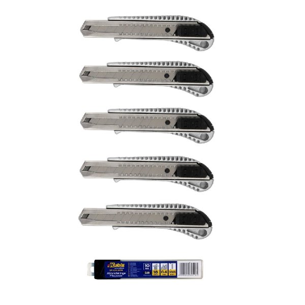 Schneidemesser / Cutter 18 mm Metallgehäuse 5 Stück + Abbrechklinge / Cutterklinge 18 * 100 * 0.4 mm, C60, 7 Segmente, 10 Stück